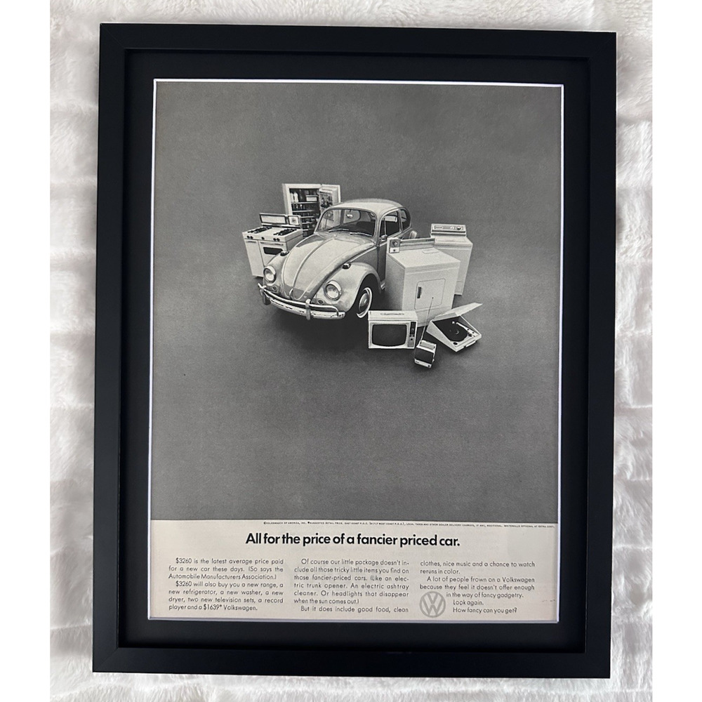 Framed 1967 Volkswagen VW Beetle Print Car Ad "All for price of a fancier car"